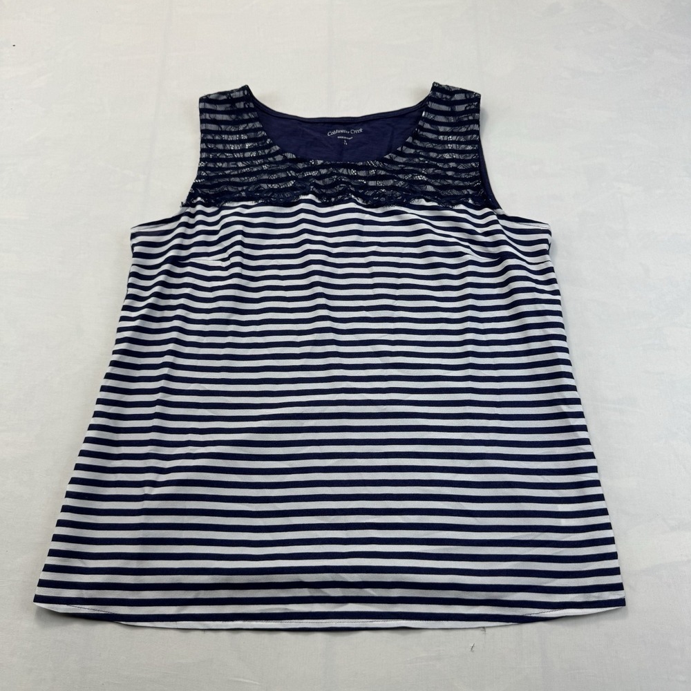 Coldwater Creek Women's Large 14 Navy White Stripe Lace Sleeveless Tank Top